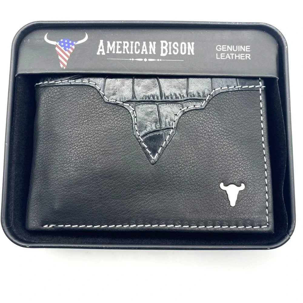 American Bison Bifold Wallet Men Black Leather Flip IDs Western Rodeo Cowboy NIB